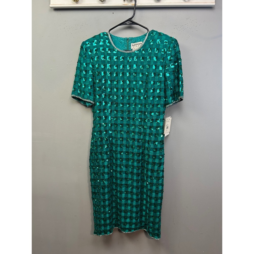 Nipon Night Dress Womens 8 Green Silk Sequin Bead Vintage Cocktail Deadstock
